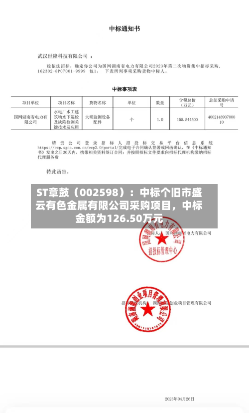 ST章鼓(002598):中标个旧市盛云有色金属有限公司采购项目,中标金额为126.50万元-第2张图片