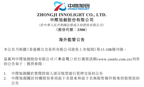 中际旭创(03308)实控人，质押部分股票